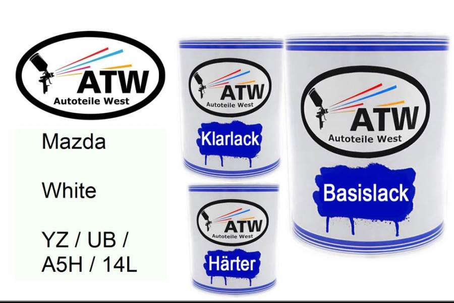Mazda, White, YZ / UB / A5H / 14L: 1L Lackdose + 1L Klarlack + 500ml Härter - Set, von ATW Autoteile West.